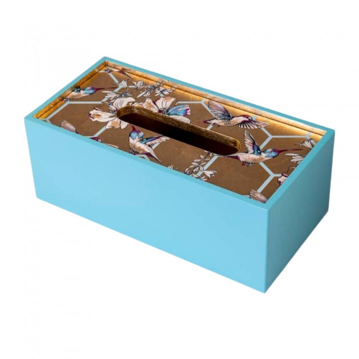 Blue tissue box with bird pattern with 2 edges inside 24*12*9 cm